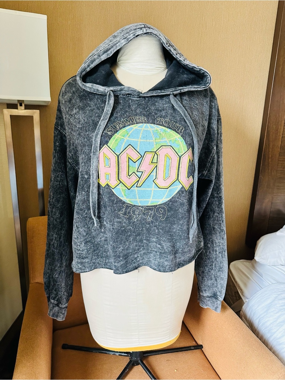 AC/DC Rock Summer Tour Cropped Washed Faded Black Hoodie L